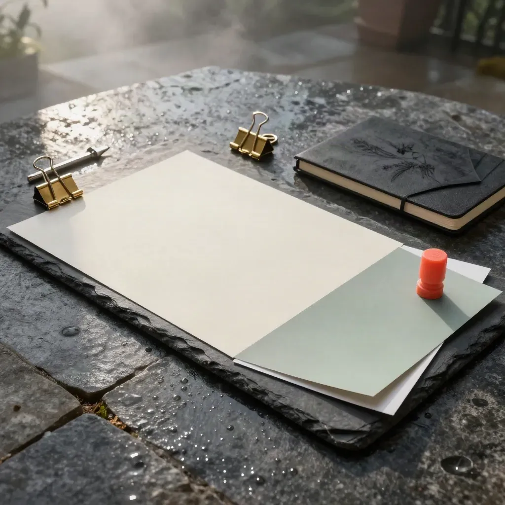 Slate brand strategy still life on wet stone with paper swatches, notebooks, brass clips and coral wax