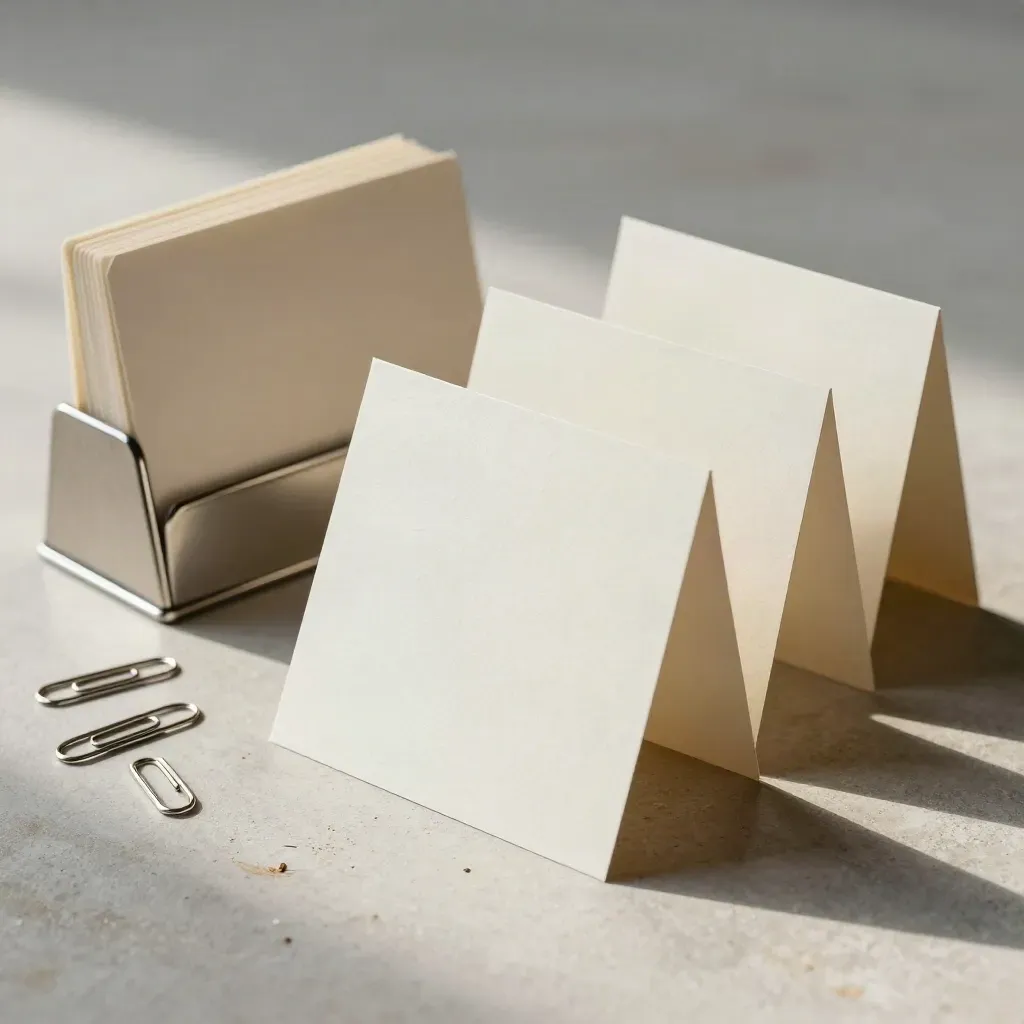 Blank campaign cards and metal clips arranged diagonally beside a folded rack on a stone surface.
