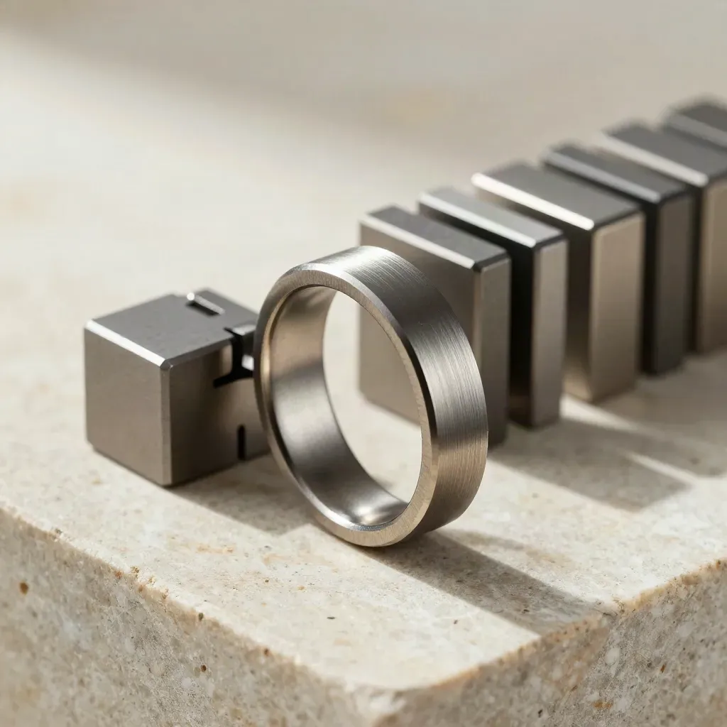 Macro of interlocking metal rings and modular connectors on matte stone.